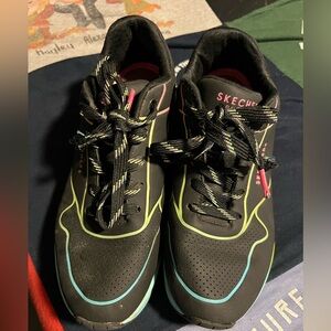 Skechers Black Sneakers Sz7 with Lime, Teal & Pink Accents
